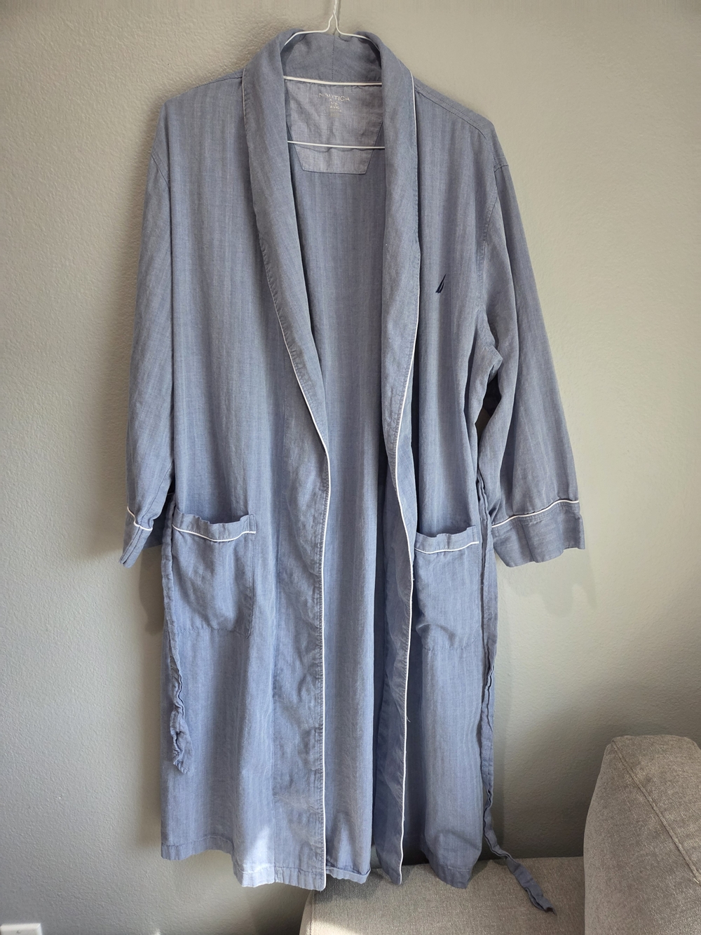 Men's Nautica Light Blue Long L/XL Shawl-Collar Cotton Bathrobe